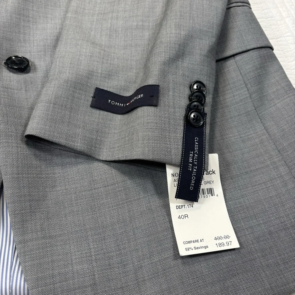 Tommy Hilfiger Adams Suit Jacket Mens 40R Gray Worsted Wool Trim Fit NWT Blazer